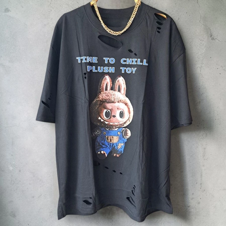 LABUBU ดำ เสื้อยืดขาด เสื้อวงแต่งขาด อก44-46″ ยาว28″ ทรง Oversized